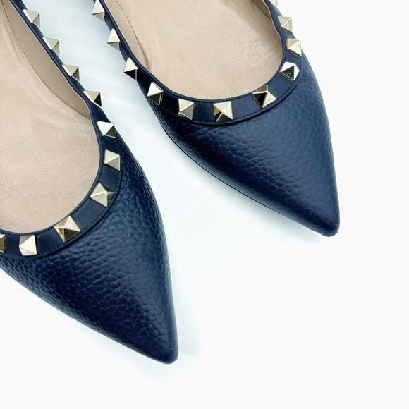 VALENTINO Rockstud Navy Blue Flat Size 37.5 Pointed Toe Leather Gold Stud - Picture 5 of 12